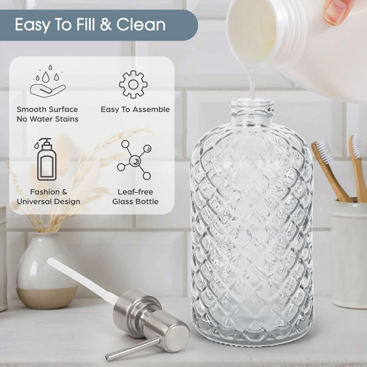 Gem-Patterned Glass Soap Dispenser with Rust Proof Stainless Steel Pump-13 oz Liquid Hand Soap Dispenser for Kitchen