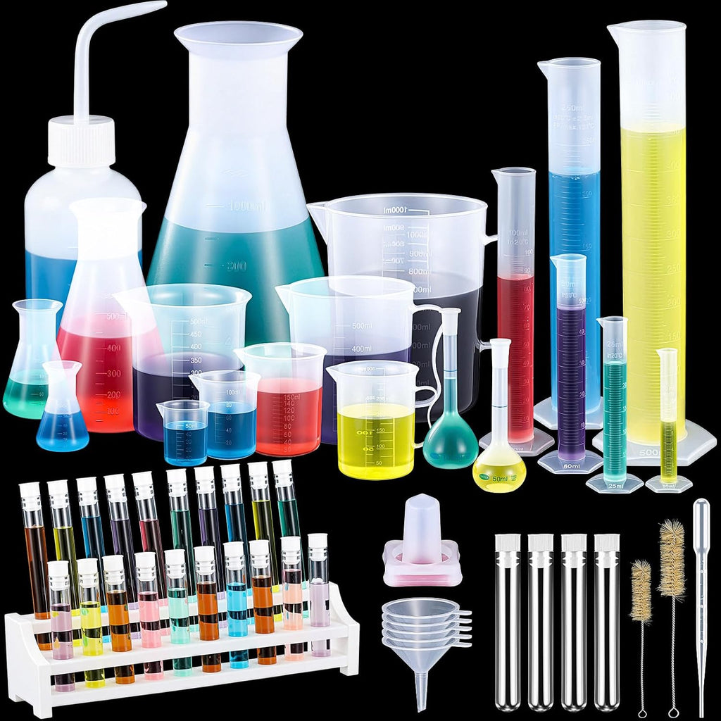 58 Pcs Plastic Beakers Set Include 6 Graduated Cylinder 7 Beakers 6 Flask 10 Droppers 1 Wash Bottle 20 Test Tubes