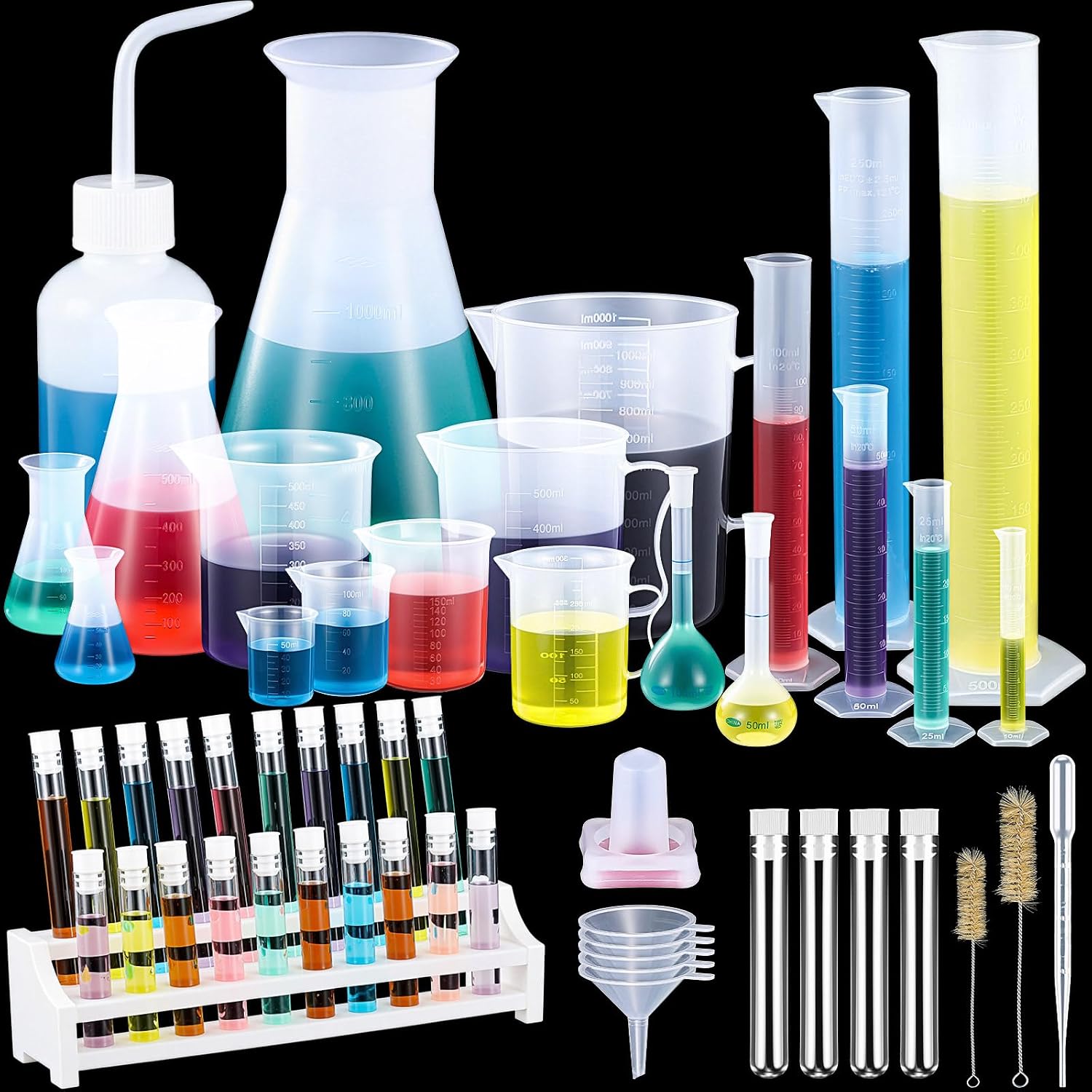 58 Pcs Plastic Beakers Set Include 6 Graduated Cylinder 7 Beakers 6 Flask 10 Droppers 1 Wash Bottle 20 Test Tubes
