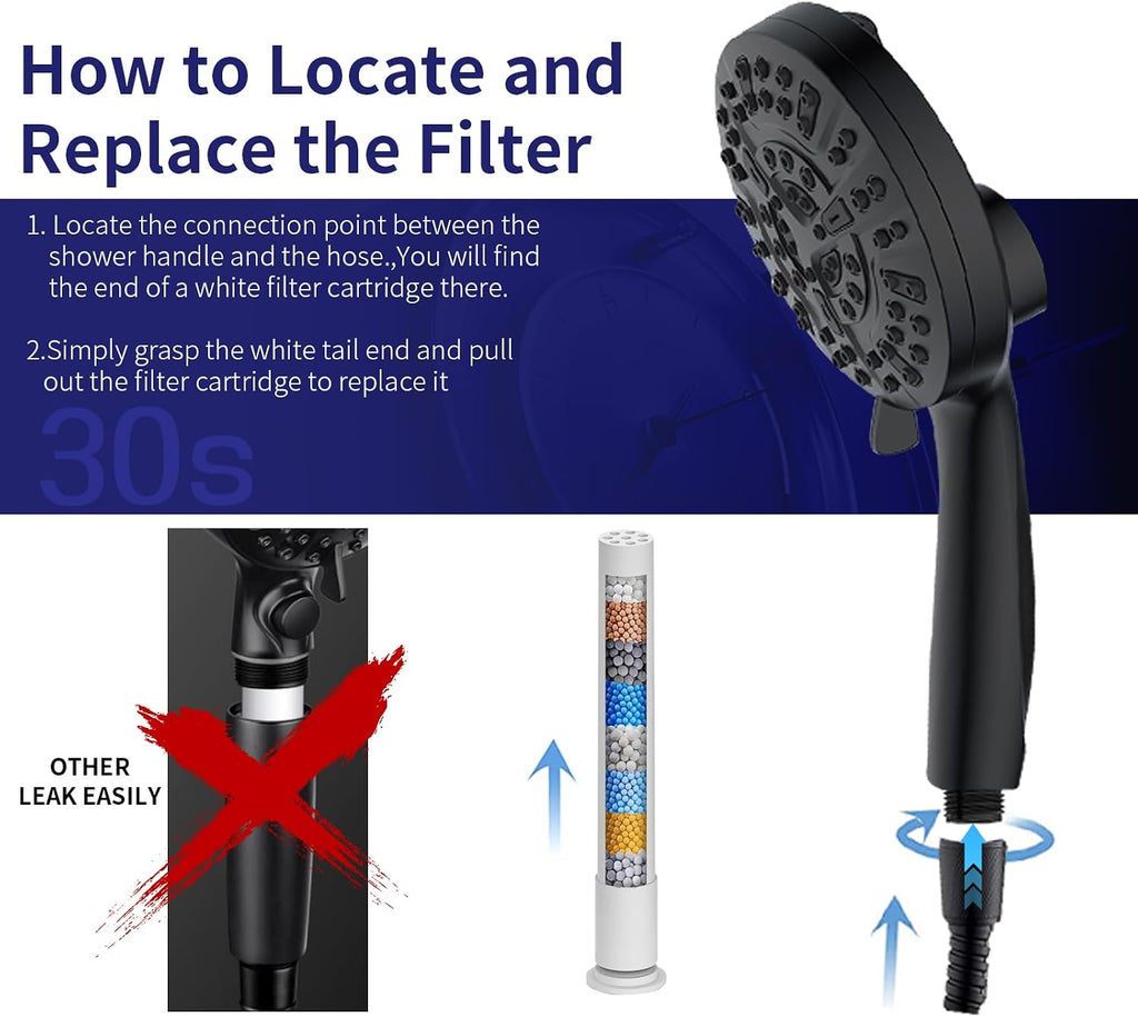 Filtered Shower Head with Handheld, Magnetic Adjustable, Matte black | High Pressure 9 Spray Modes, Hard Water