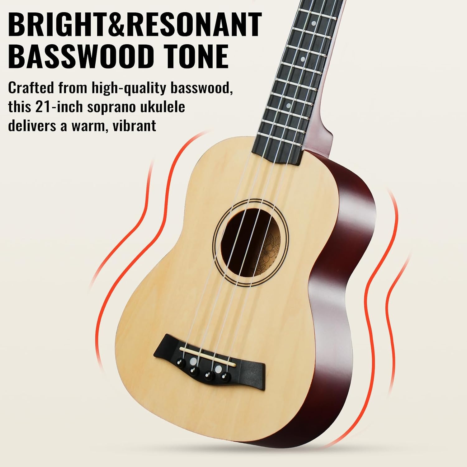 Soprano Ukulele Starter Kit, 21 Inch Basswood Hawaiian Uke with Gig Bag, Strap, Nylon Strings, Picks, Beginner