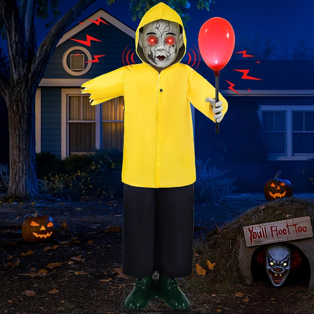 Halloween Decorations Outdoor 4FT Life Size Scary Boy Animatronics Prop | Glowing Red Balloon Sound & Motion