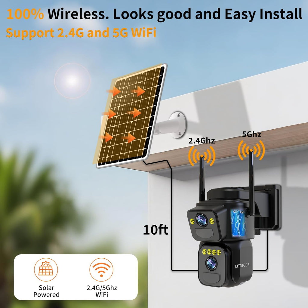 Security Cameras Outdoor WiFi,5G/2.4G Cameras for Home Security Solar Power with Dual Lens,Motion Detection,Night