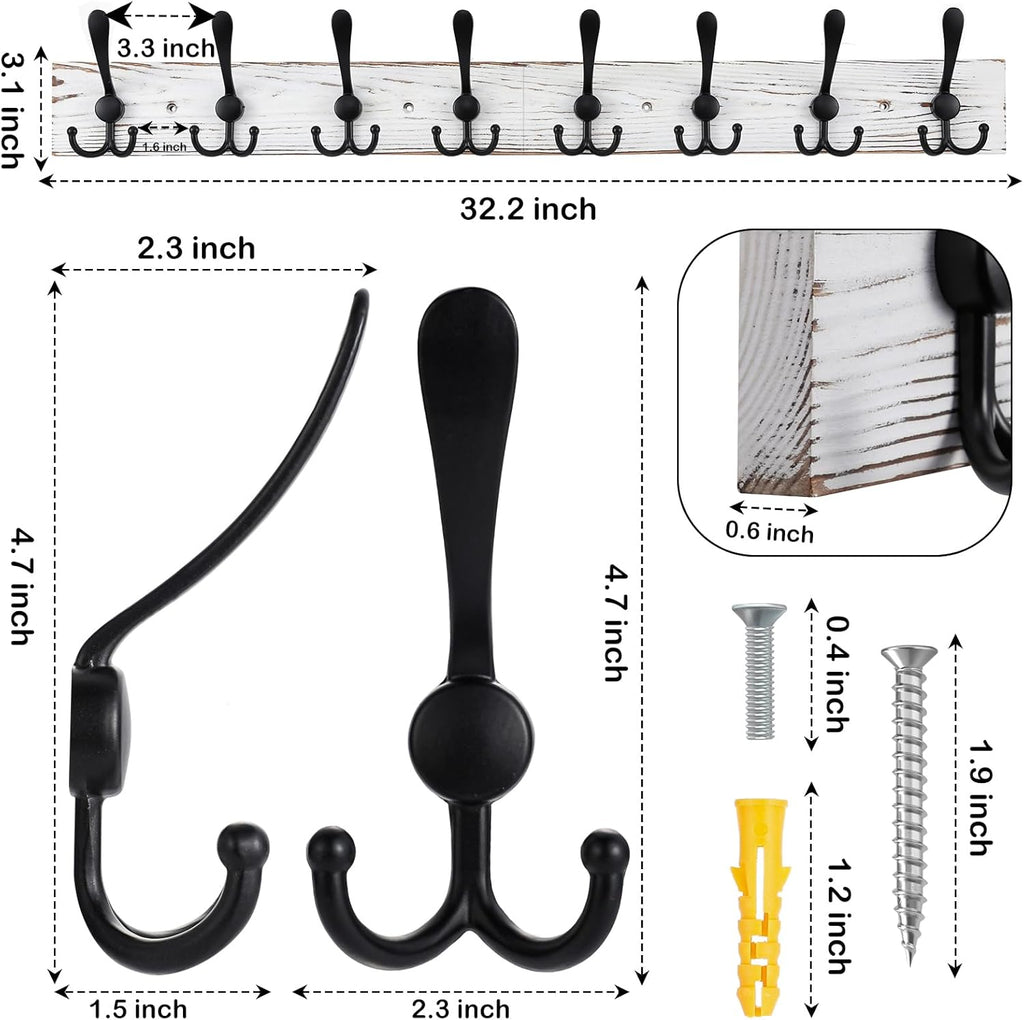 32.2'' Large Coat Rack Wall Mount Coat Hooks with 8 Metal Black Triple-Hooks Old White Pine Real Wood Plank Hat Rack