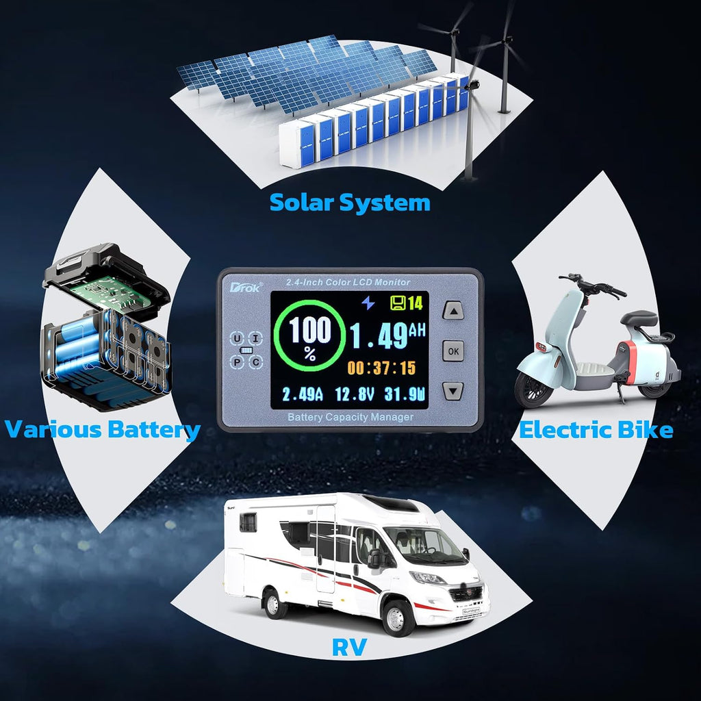 Charge Discharge Monitor, DC 8-100V 200A Battery Monitor 12V 24V 36V 48V 60V Coulometer Watt Meter, 2.4 inch LCD