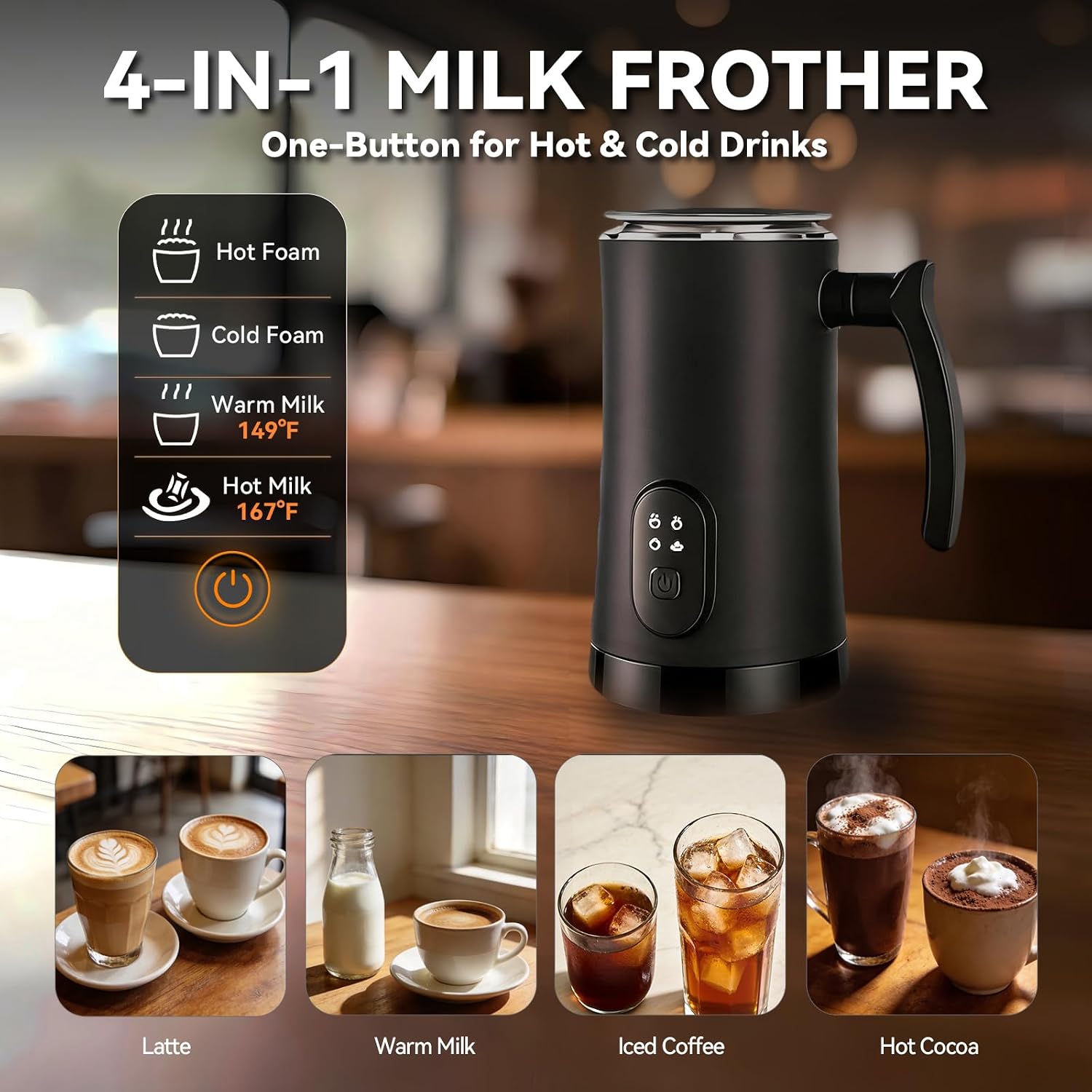 Milk Frother, 4-in-1 Coffee Frother with Hot & Cold Foam, Quiet Design Frother Machine for Latte, Cappuccino and