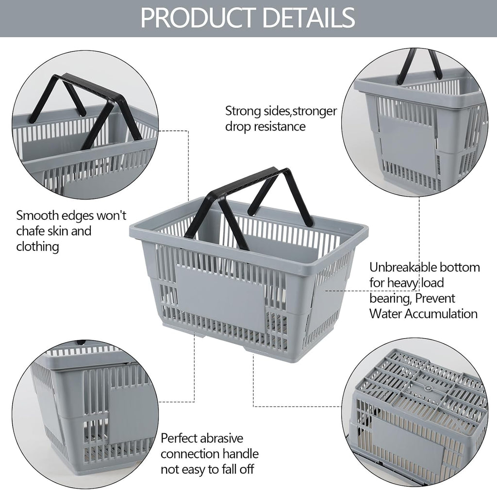 6 Pcs Shopping Baskets with Handles, 28 L Grocery Basket, Gray | Sturdy Ventilated Plastic Structure, Comfort