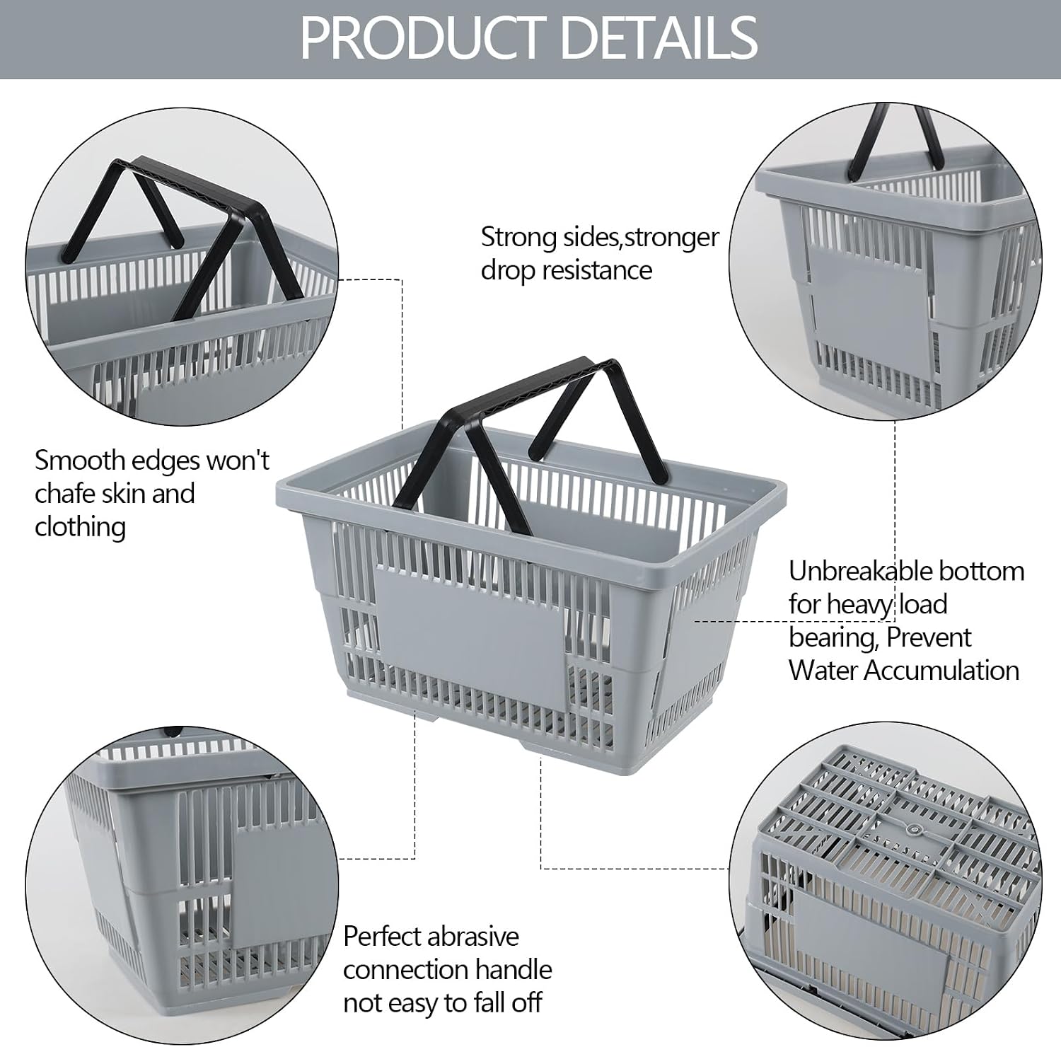 6 Pcs Shopping Baskets with Handles, 28 L Grocery Basket, Gray | Sturdy Ventilated Plastic Structure, Comfort