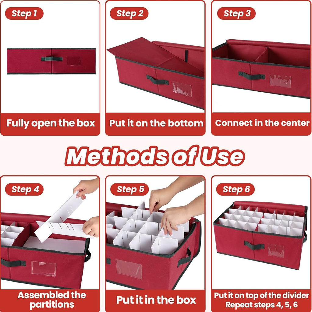 Christmas Ornament Storage Box -Stores Up to 64 3” Balls, Holiday Ornaments Storage with Adjustable Dividers, Visual
