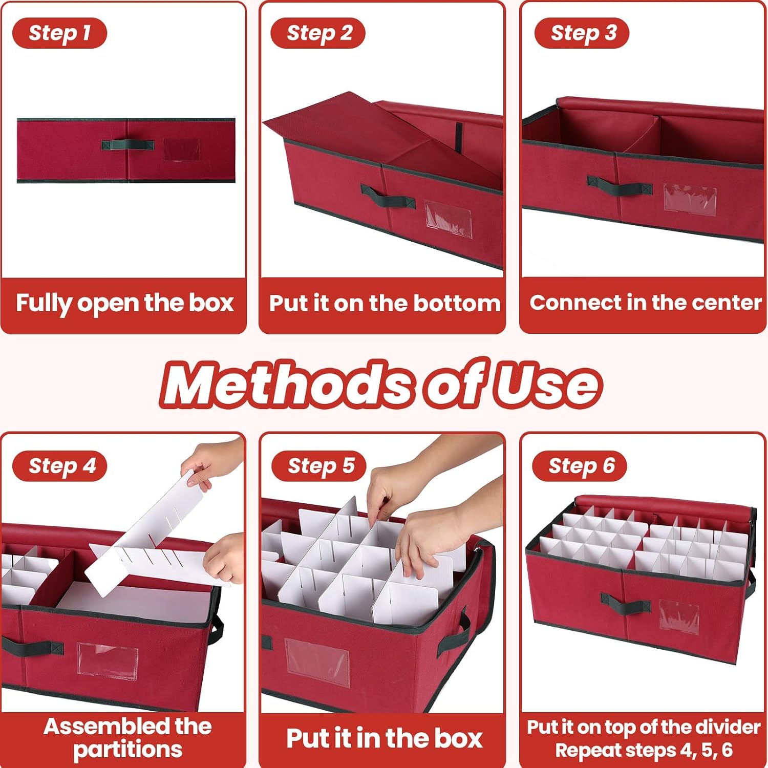 Christmas Ornament Storage Box -Stores Up to 64 3” Balls, Holiday Ornaments Storage with Adjustable Dividers, Visual