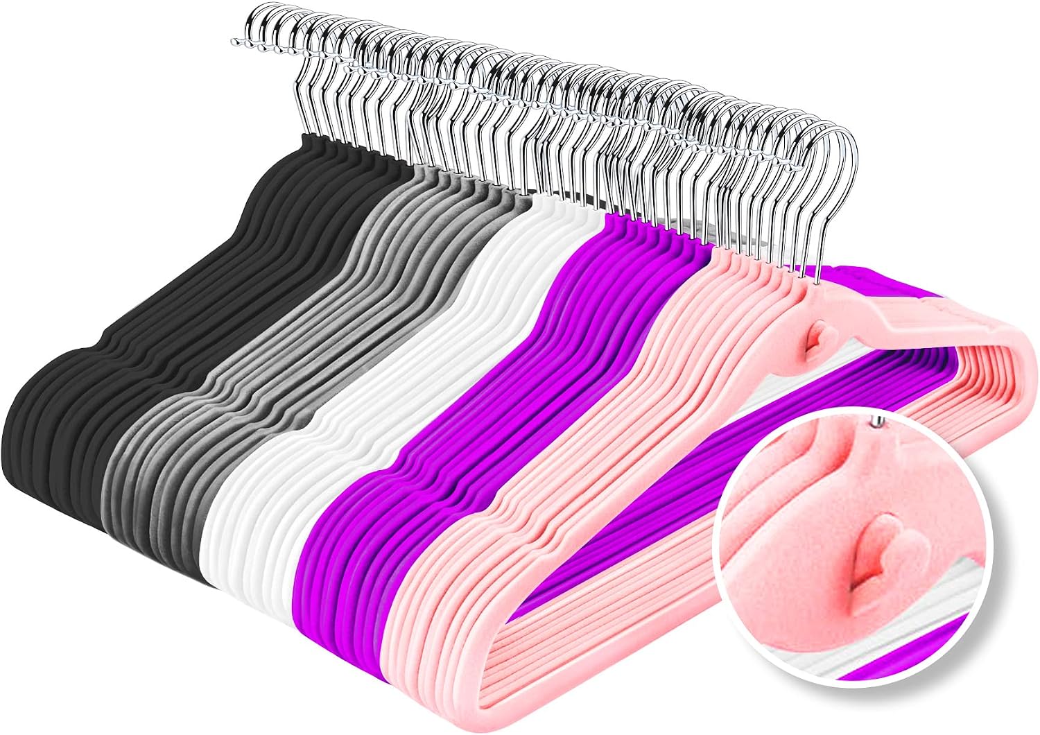 Multi-Color Velvet Hangers 50 Pack with Cascading Hooks, Non-Slip Black, Pink, White, Grey, and Purple Velvet Hangers