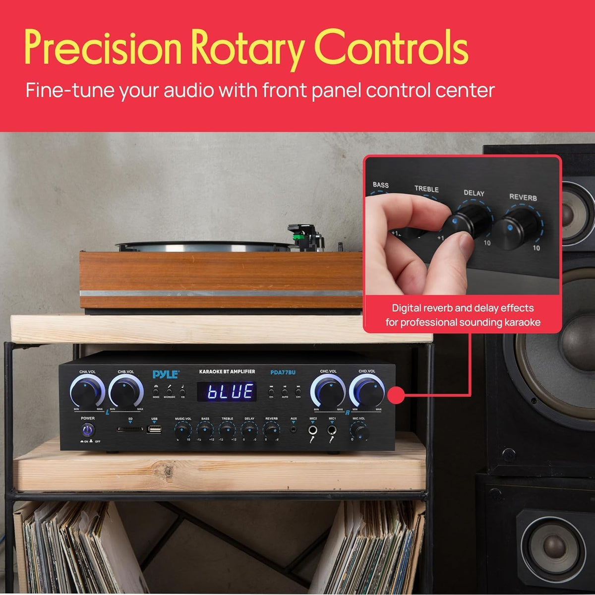 Home Stereo Receiver with Bluetooth - 4 Channel Amplifier, 800 Watt Max, USB-A Input w MP3 Player, Easy Karaoke Setup