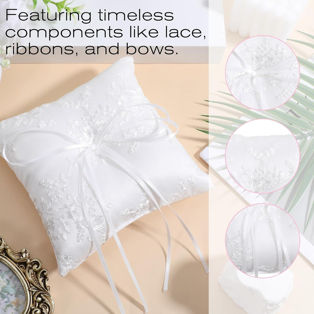 Wedding Ring Bearer Pillow, White Lace Trim Cotton Cushion Elegant Ring Holder for Wedding Ceremony and Proposal
