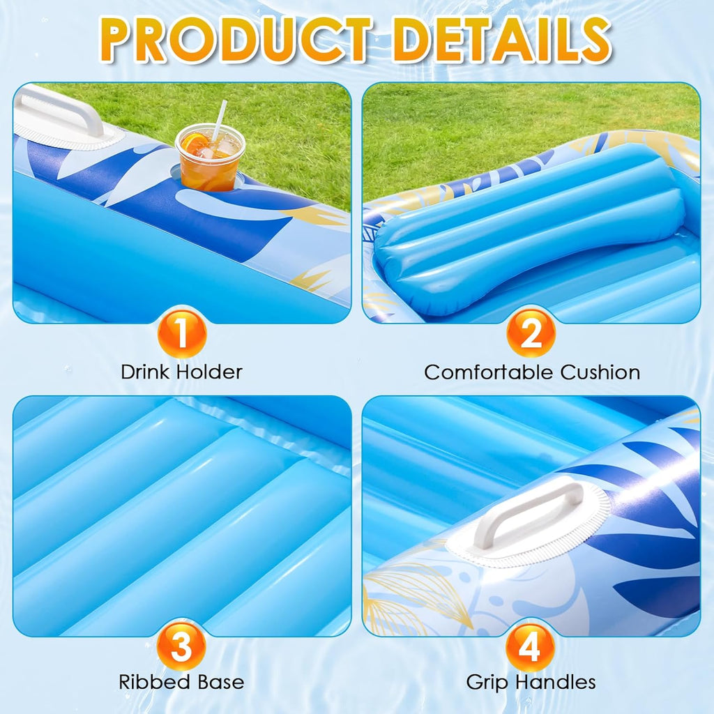 Inflatable Tanning Pool Lounger Float, 70" x 46" Blow up Pool Floats Adult with Pillow and Drink Holder, Sunbathing