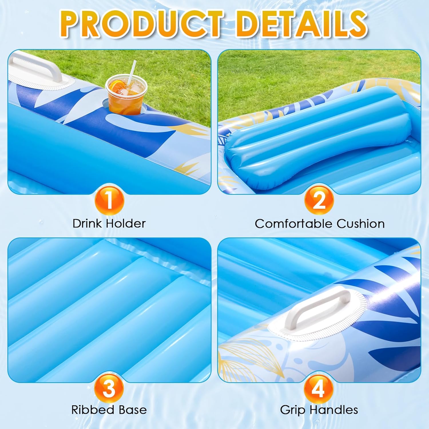Inflatable Tanning Pool Lounger Float, 70" x 46" Blow up Pool Floats Adult with Pillow and Drink Holder, Sunbathing