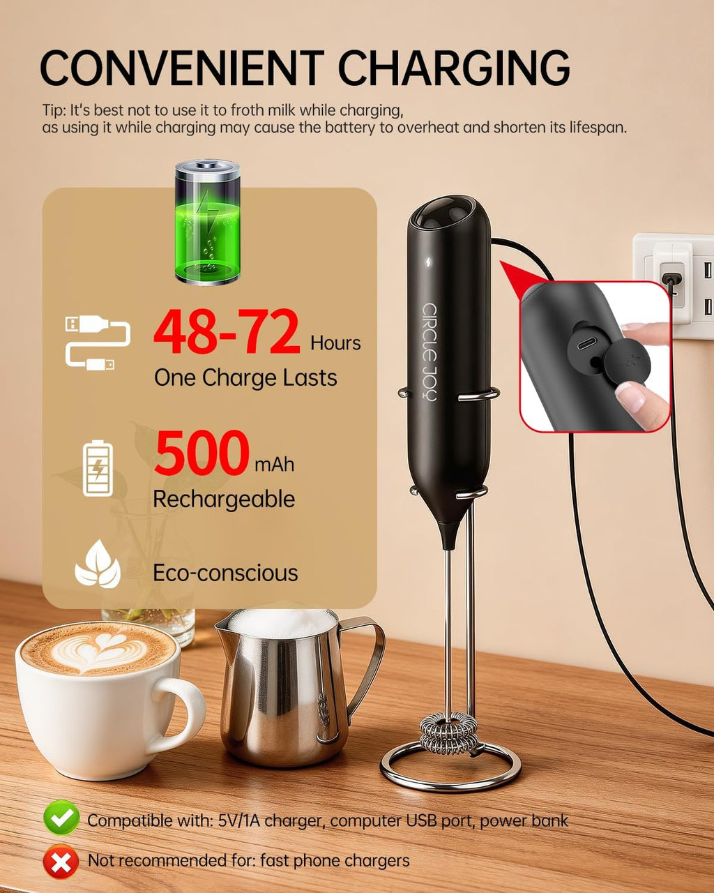 Rechargeable Milk Frother Handheld with Stand, Dual Spring Whisk Head Electric Coffee Frother Foam Maker, Portable