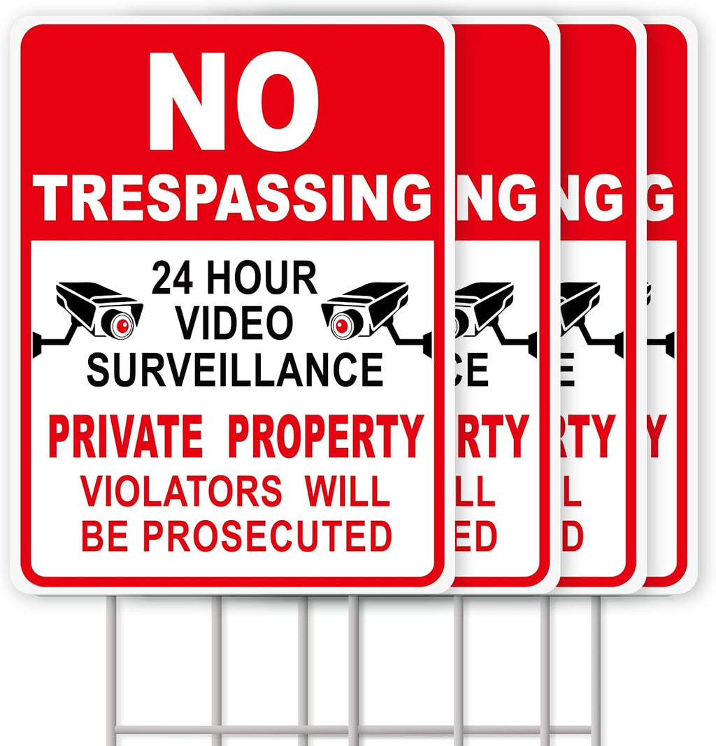 NO Trespassing Signs Private Property Video Surveillance Sign, Large 4-Pack 13"x10" Double-Sided Signs, Corrugated
