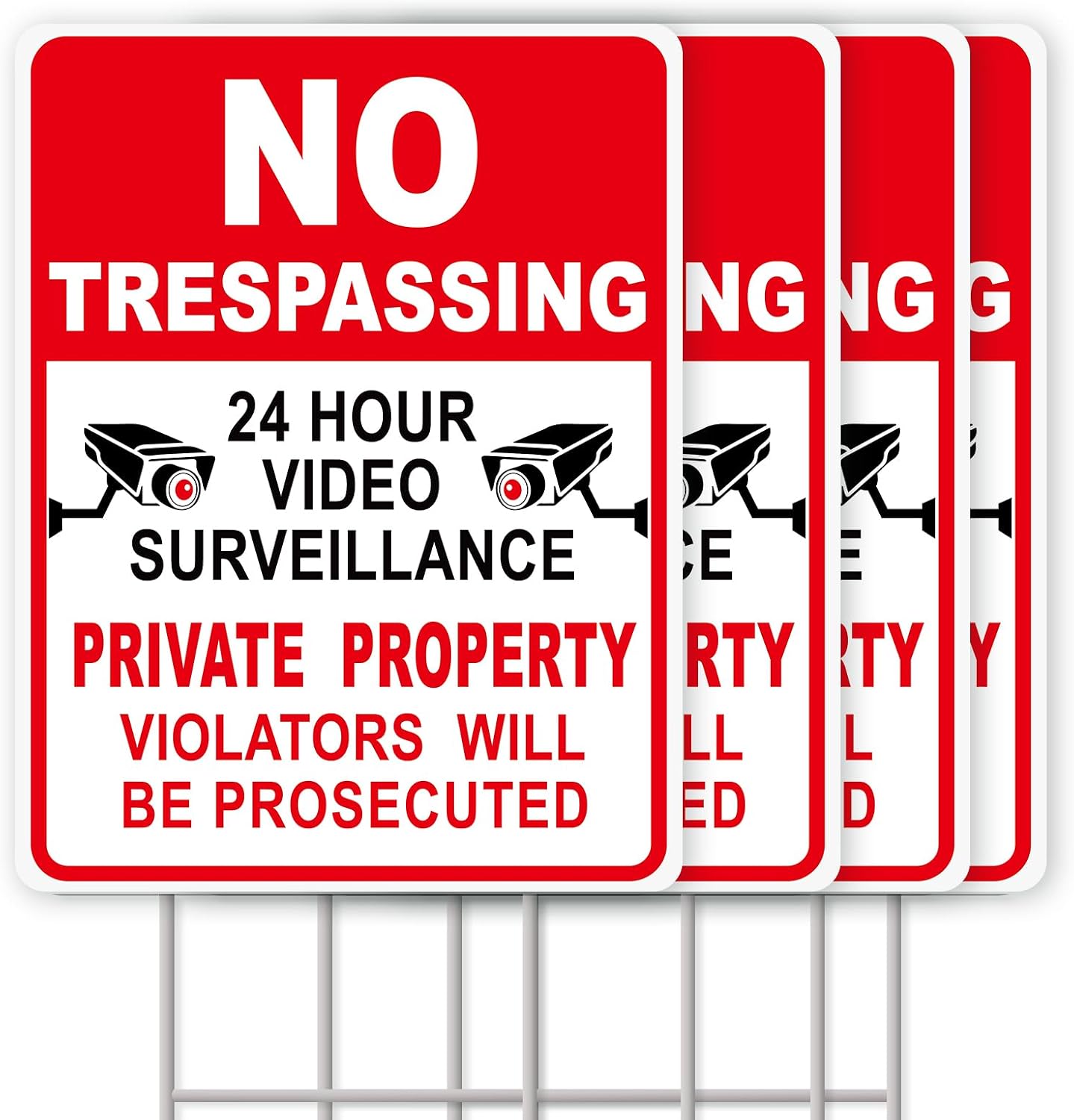 NO Trespassing Signs Private Property Video Surveillance Sign, Large 4-Pack 13"x10" Double-Sided Signs, Corrugated