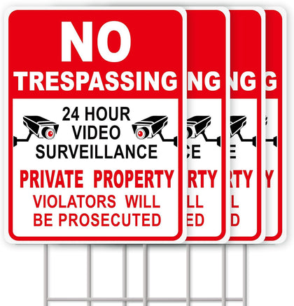 NO Trespassing Signs Private Property Video Surveillance Sign, Large 4-Pack 13"x10" Double-Sided Signs, Corrugated
