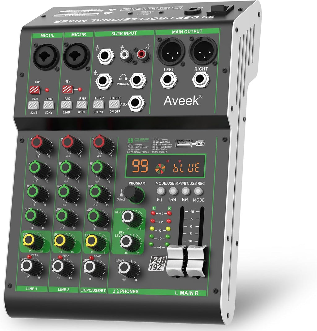 Audio Mixer, 4 Channel Mixer with Bluetooth and USB Recording | DJ Mixing Console with 99 DSP Effects, 48V Phantom