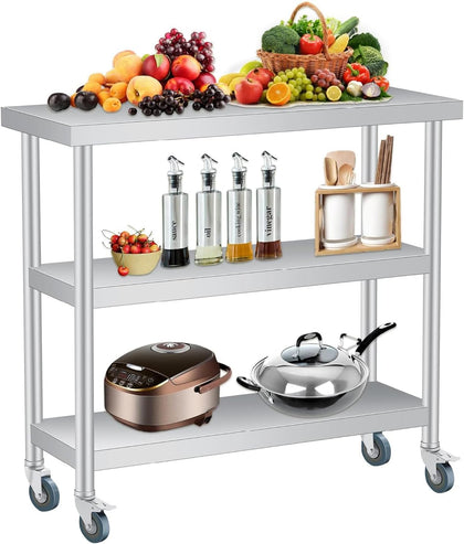 Stainless Steel Work Table, 18x36x34 Inch, 3-Layer Commercial Utility Table with Lockable Wheels, Heavy Duty Metal