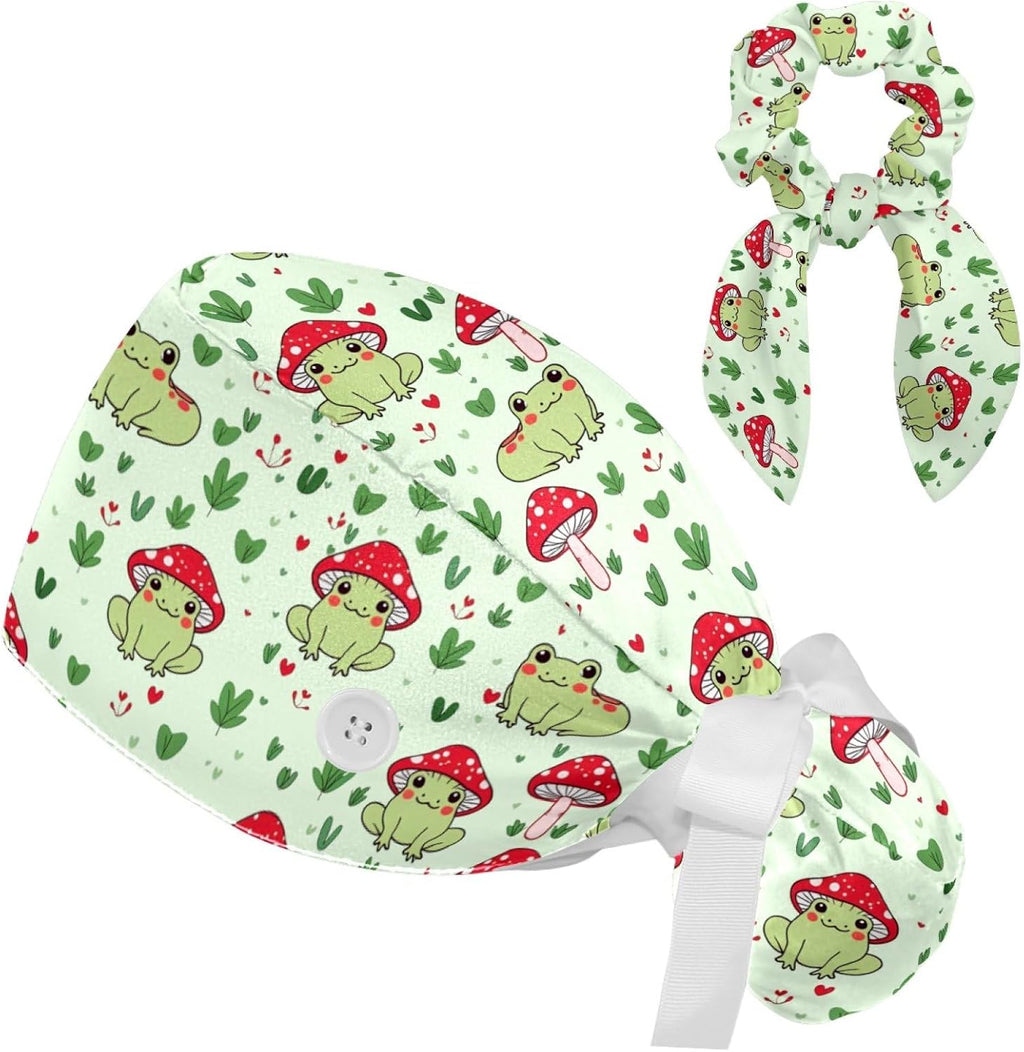 Scrub Caps Women Ponytail, Funny Print Surgical Cap with Button & Sweatband
