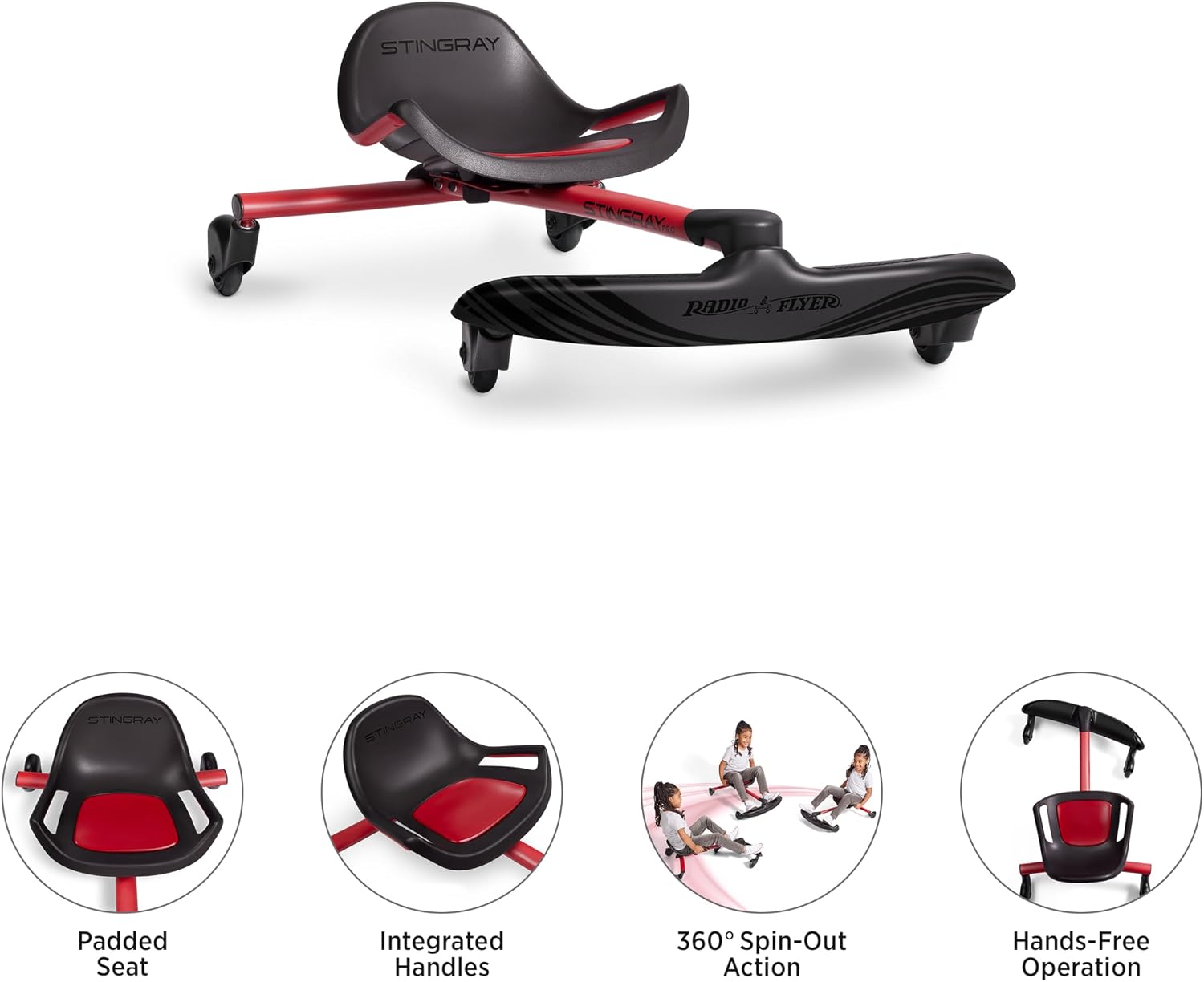 Stingray Pro, for Ages 3-8, Hands Free, Foot Powered Ride On with 360-degree Caster Wheels, Adjustable Seat with