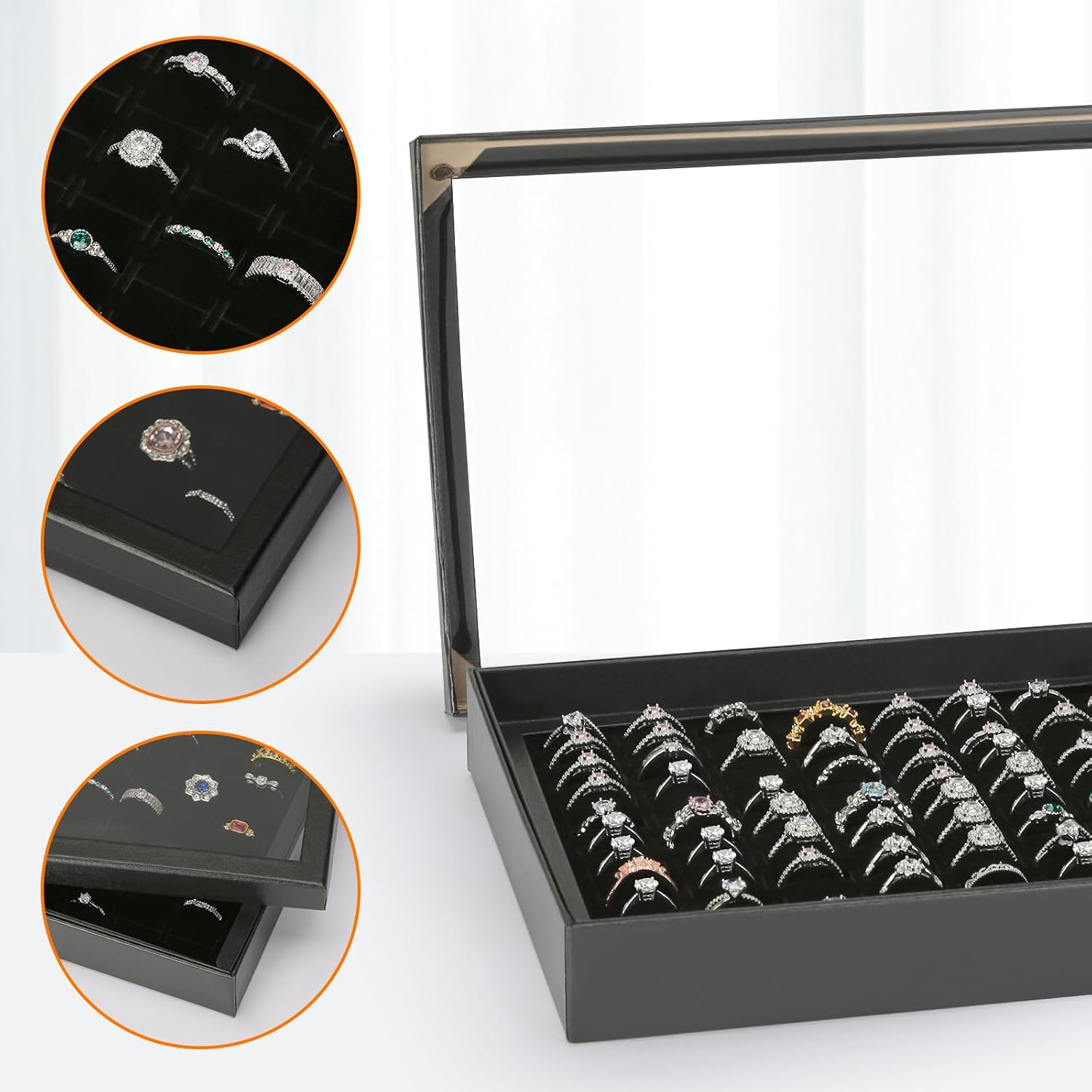 100 Slots Ring Earring Holder Display Case, Velvet Jewelry Ring Earring Storage Organizer Box Tray with Clear Lid for