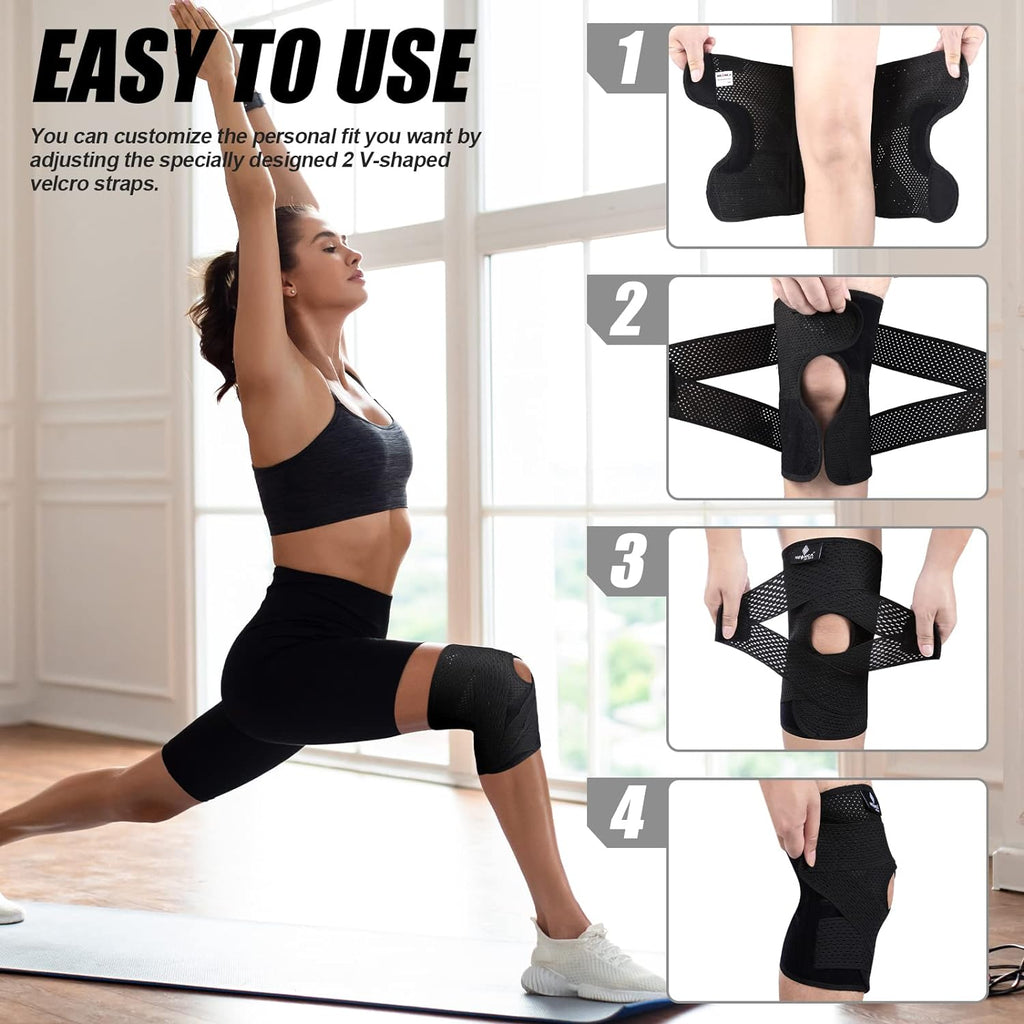 Knee Brace for Knee Pain, Compression Knee Support with Air Mesh Fabric, Adjustable Knee Wrap with Side Stabilizers