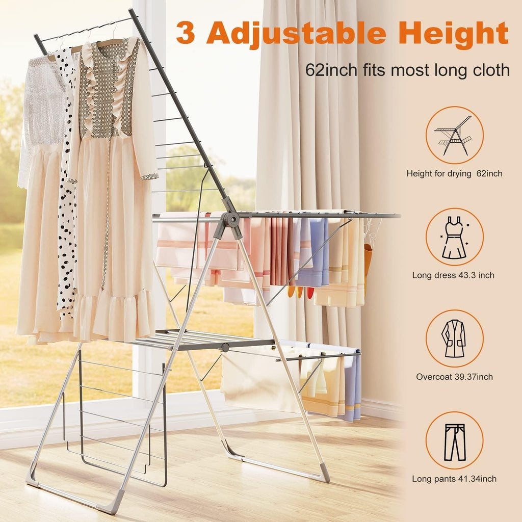 Clothes Drying Rack Foldable, 2-Level Large Laundry Drying Rack Collapsible, Stainless Steel Drying Rack Clothing for