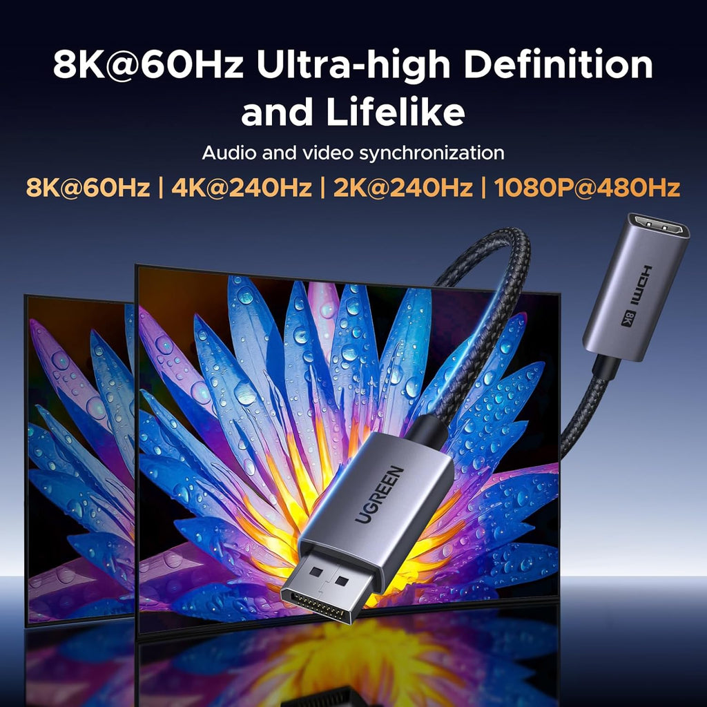 8K@60Hz Active DisplayPort to HDMI Unidirectional Adapter, 0.66FT | DP 1.4 PC to HDMI 2.1 Screen, Support 4K@240Hz