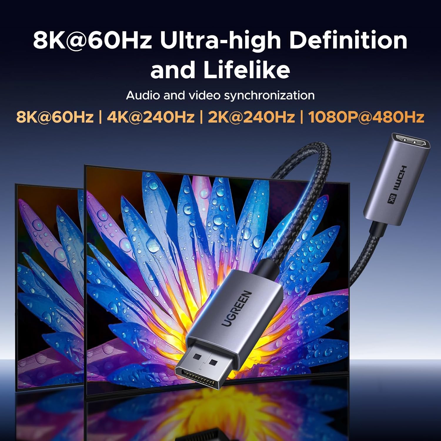8K@60Hz Active DisplayPort to HDMI Unidirectional Adapter, 0.66FT | DP 1.4 PC to HDMI 2.1 Screen, Support 4K@240Hz