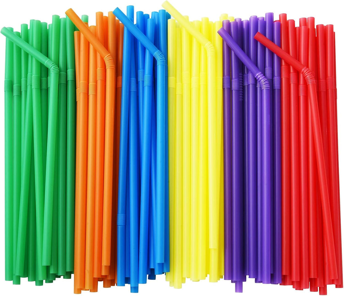 200-Pack Flexible Drinking Straws, Assorted Colors Plastic Disposable Bendy Straws - 7.75" x 0.23"