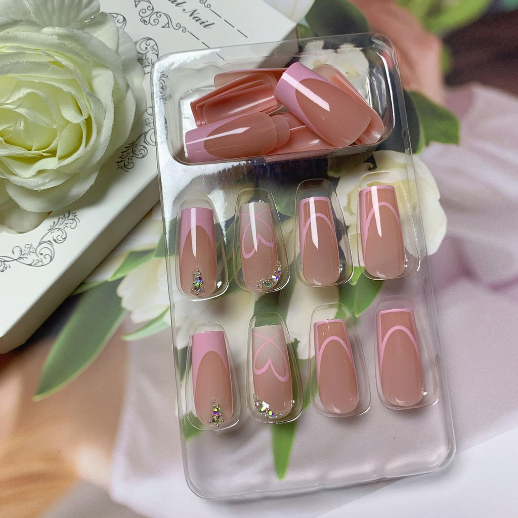 Medium Press on Nails Square Glue on Nail Light Pink French Fake Nails