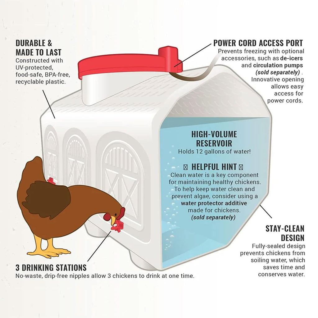OverEZ Automatic Chicken Waterer with No Spill System, Outside and Inside Poultry Drinker, Large 12 Gallon High