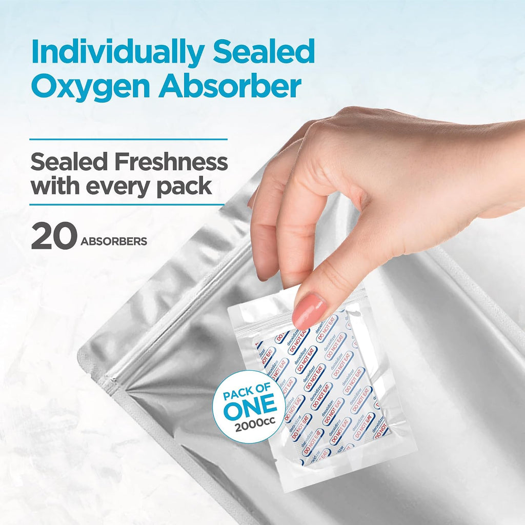 20 Pcs 5 Gallon Mylar Bags With Oxygen Absorbers 2000cc | Extra Thick, Closure Clip, Long Term Food Storage, Smell