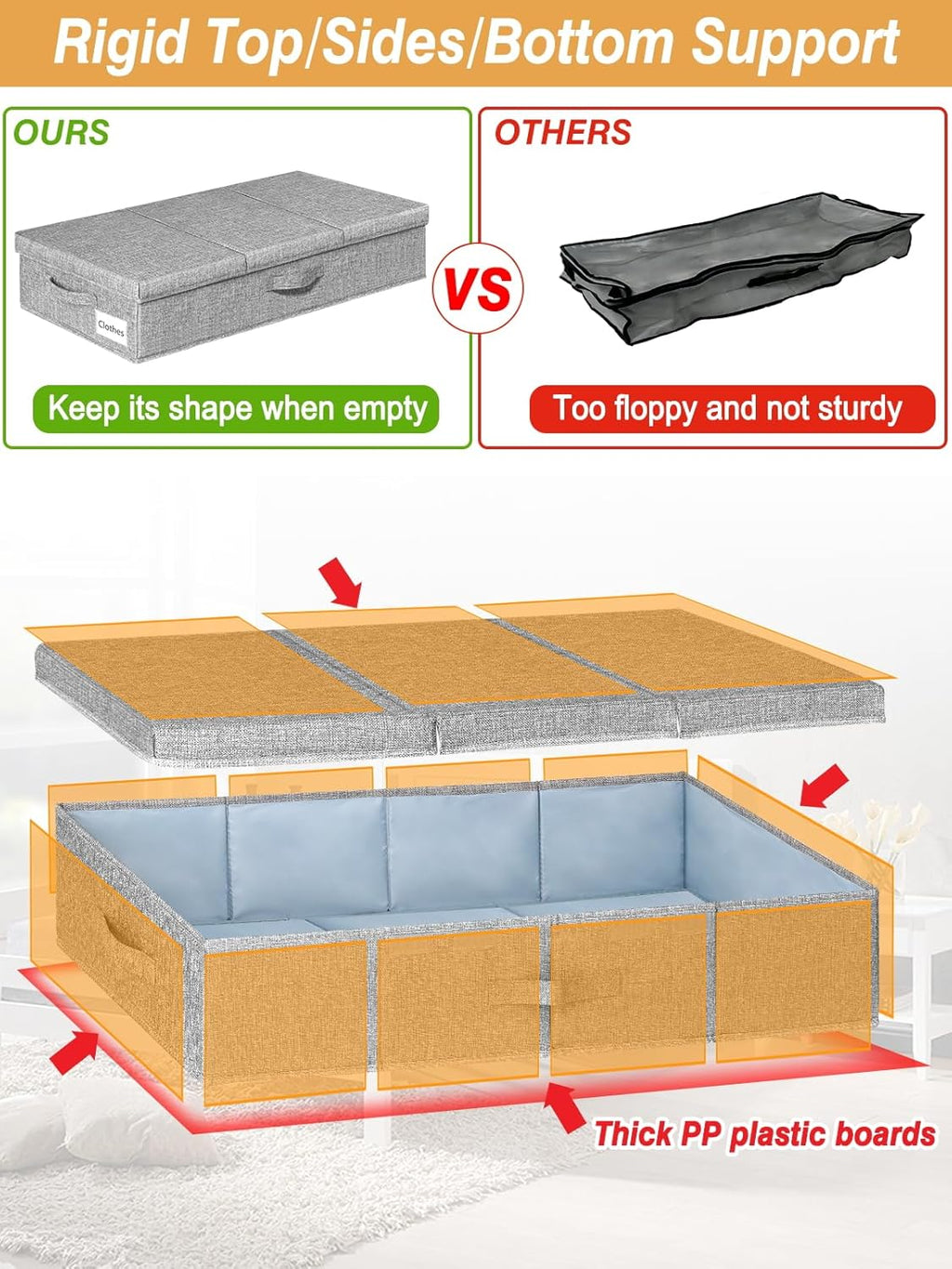 Under Bed Storage With Lids, 2 Pack Large Underbed Storage Containers Clothes W/ 3 Handles, Foldable Low Profile