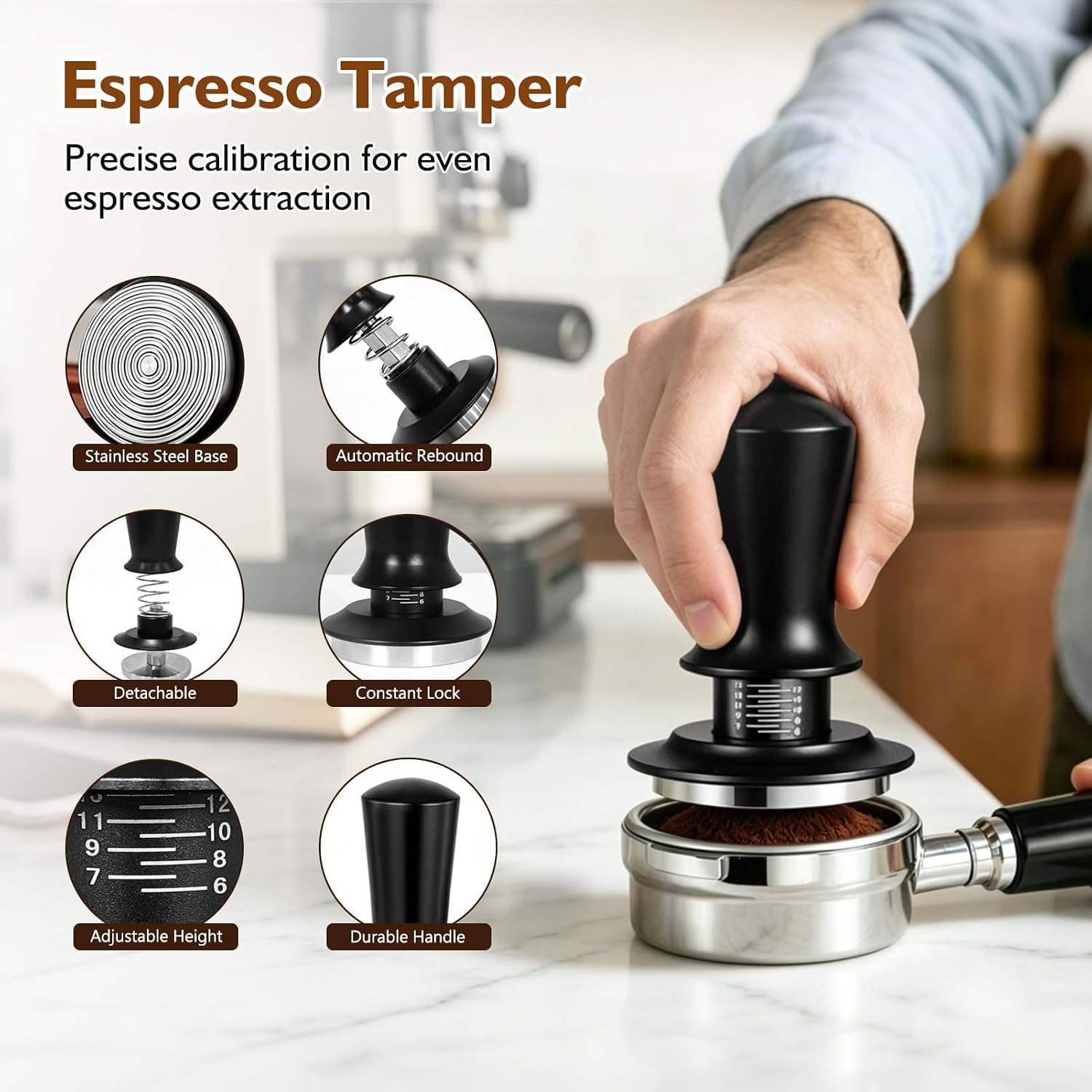 54mm Espresso Accessories Kit, 7Pcs Coffee Tamper Set with Wooden Tamping Station, Tamper, WDT Tool, Distributor