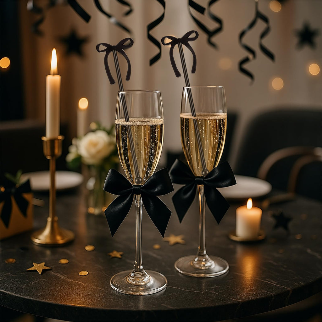 30 Pcs 6 Inch Party Bow Drink Stirrers Pack,Black