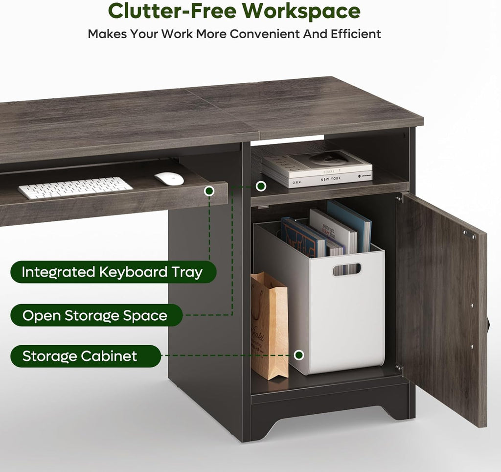 Office Desk with Keyboard Tray, Industrial Computer Desk with Storage, Reversible Executive Desk with File Cabinet