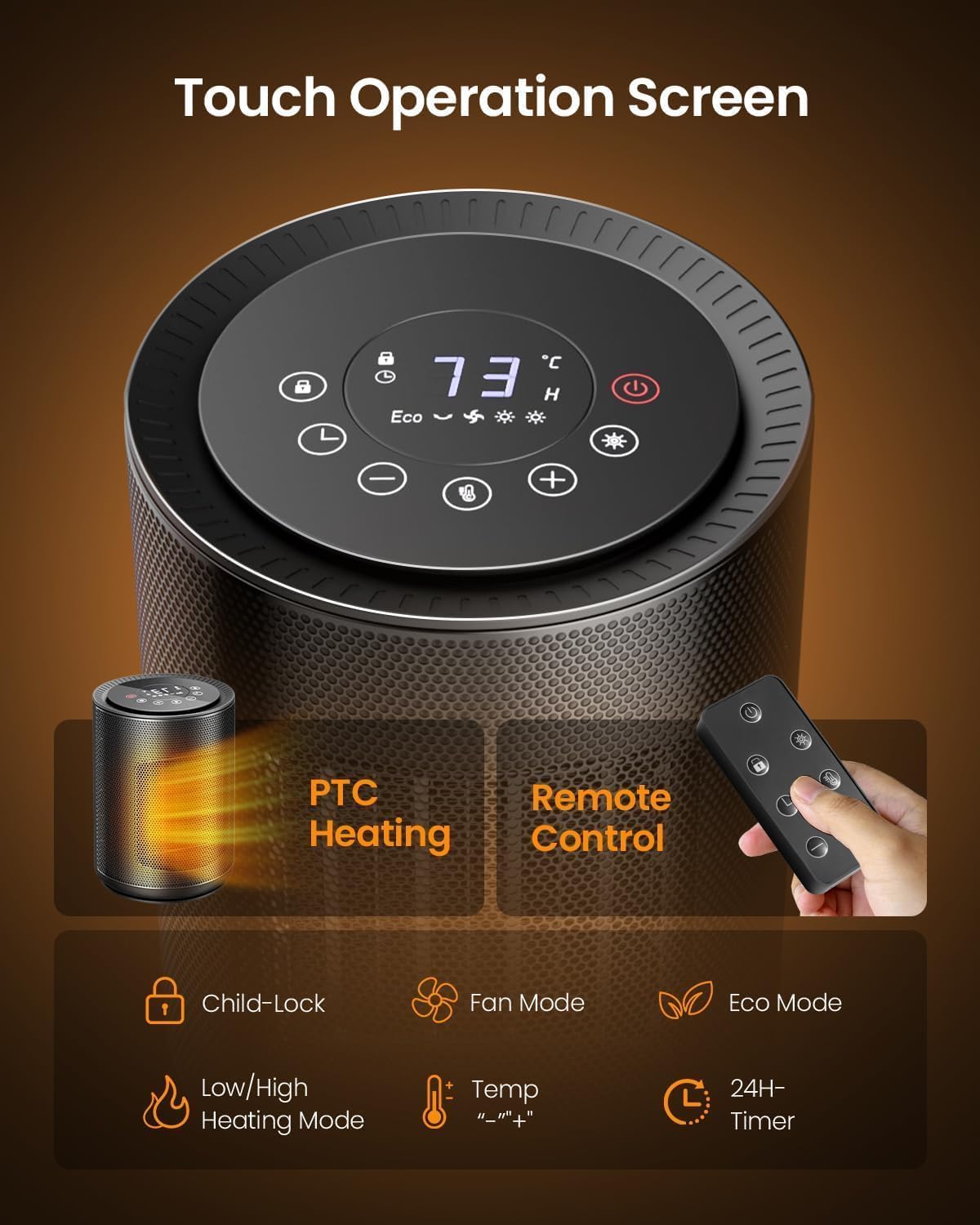 Small Space Heaters for Indoor Use, w/Remote & LED Touch Screen
