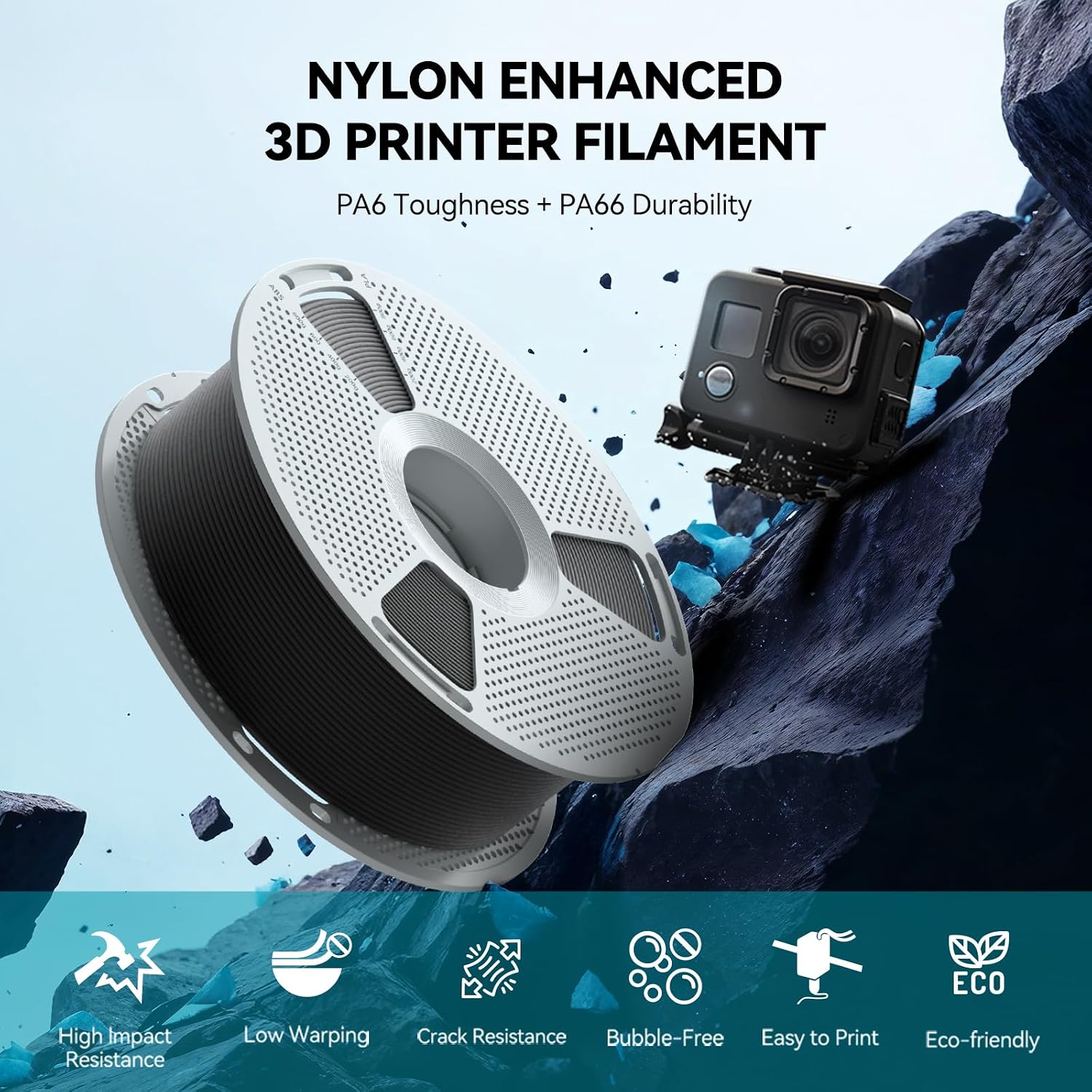Easy PA Nylon Filament 1.75mm,1KG(Black) | Warp-Free & Easy Printing with Nylon 6+66, Strong, Durable Engineering