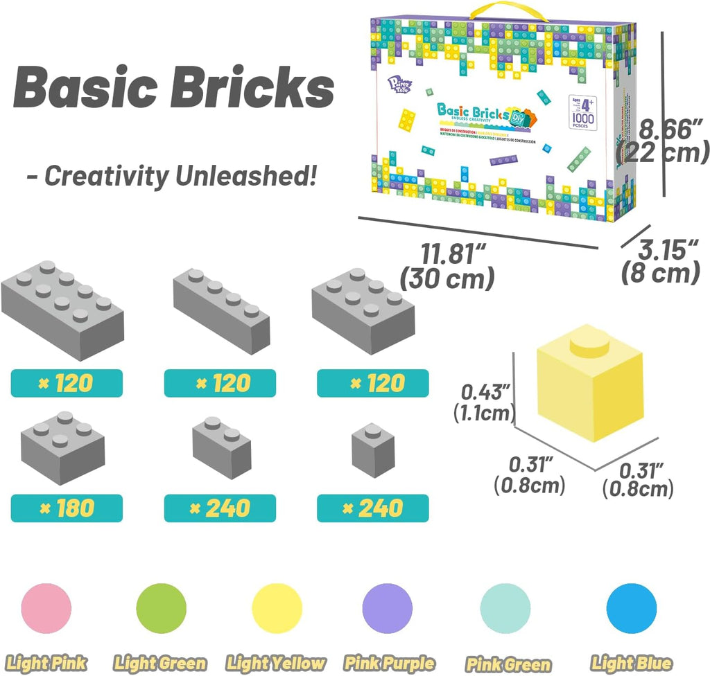 1000 Piece Bulk Building Bricks, Pastel Basic Blocks Set