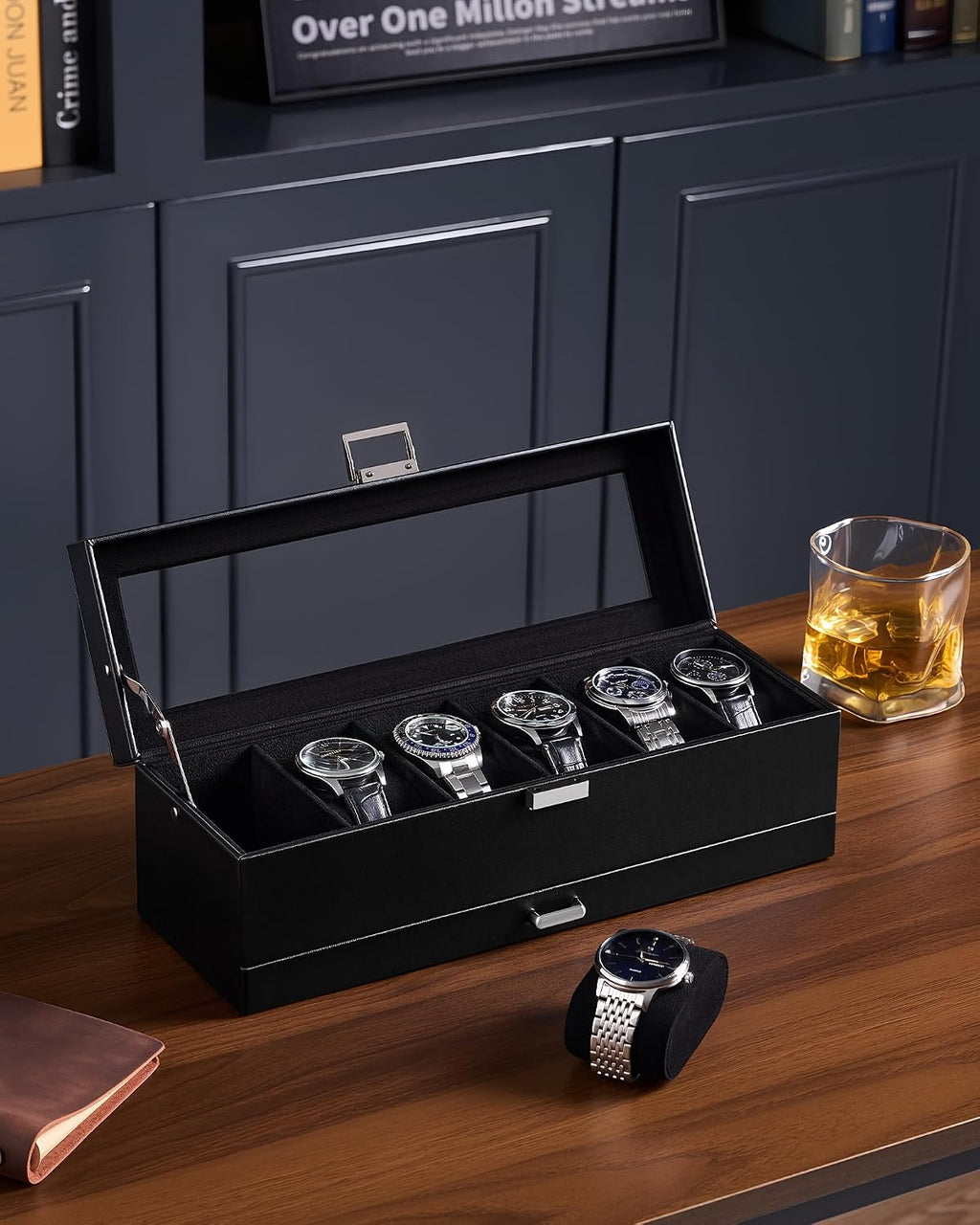 6-Slot Watch Case for Men, Mens Jewelry Box with Glass Lid -Black | Watch & Jewelry Box with Drawer, Easy-Clean PU
