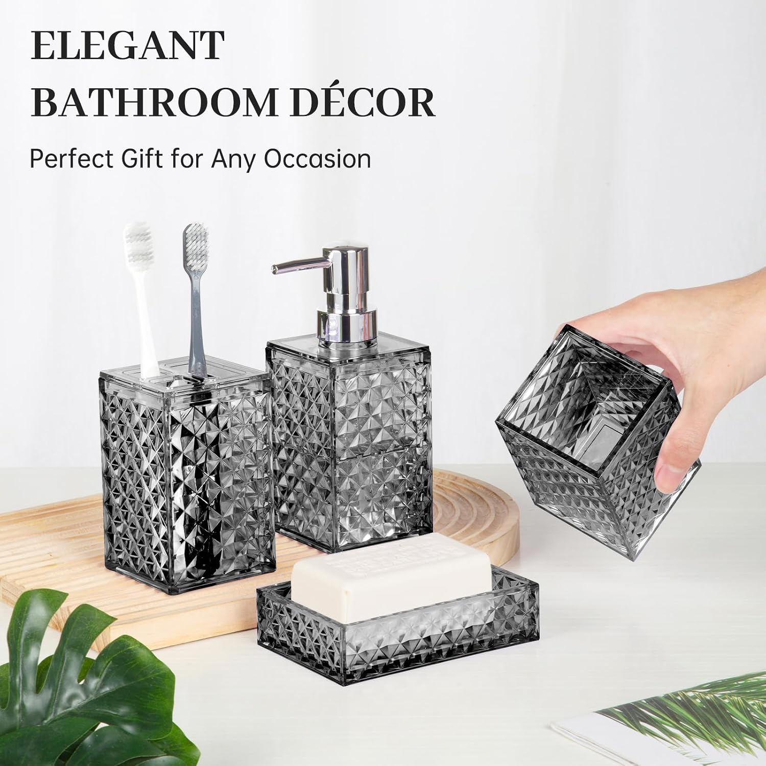 Bathroom Accessory Set, Grid Pattern 4 Pcs Plastic Bathroom Set, Grey | Include Soap Dispenser, Soap Dish, Toothbrush