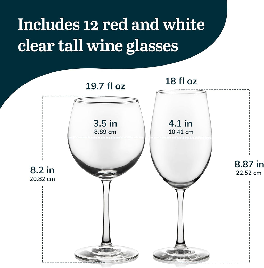 Vineyard Reserve Wine Glasses Set of 12, Red & White Clear Stemware
