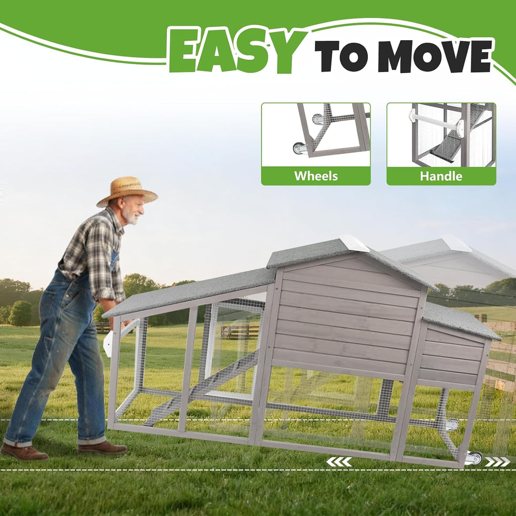 68“ Mobile Chicken Coop with Run and Wheels, Large Wooden Chicken Tractor for 2-4 Chickens, Weatherproof Outdoor Hen