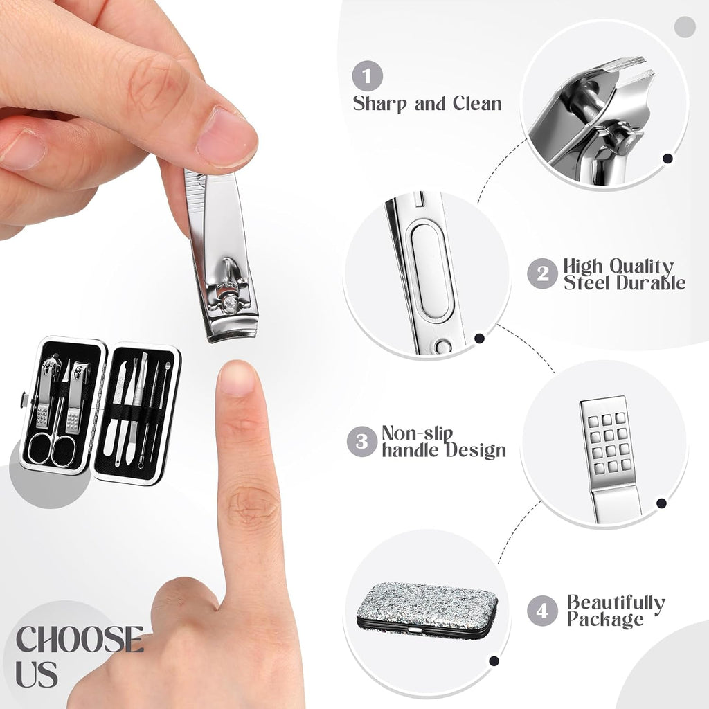12 Set 8 in 1 Manicure Kit Gifts Nail Clippers, Glitter Silver