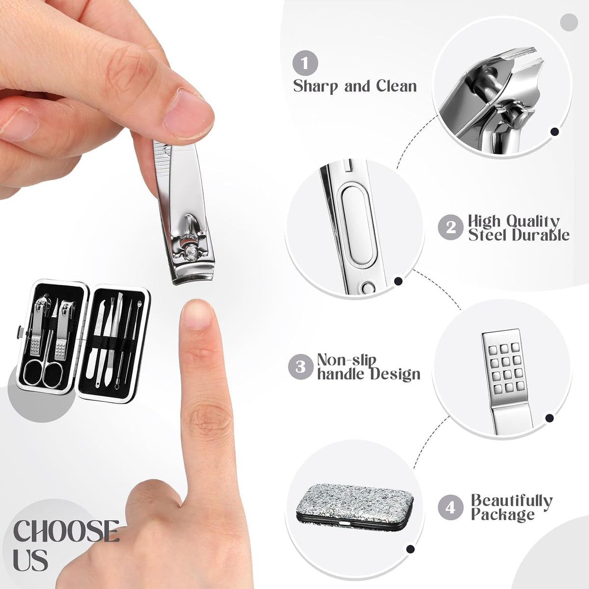 12 Set 8 in 1 Manicure Kit Gifts Nail Clippers, Glitter Silver