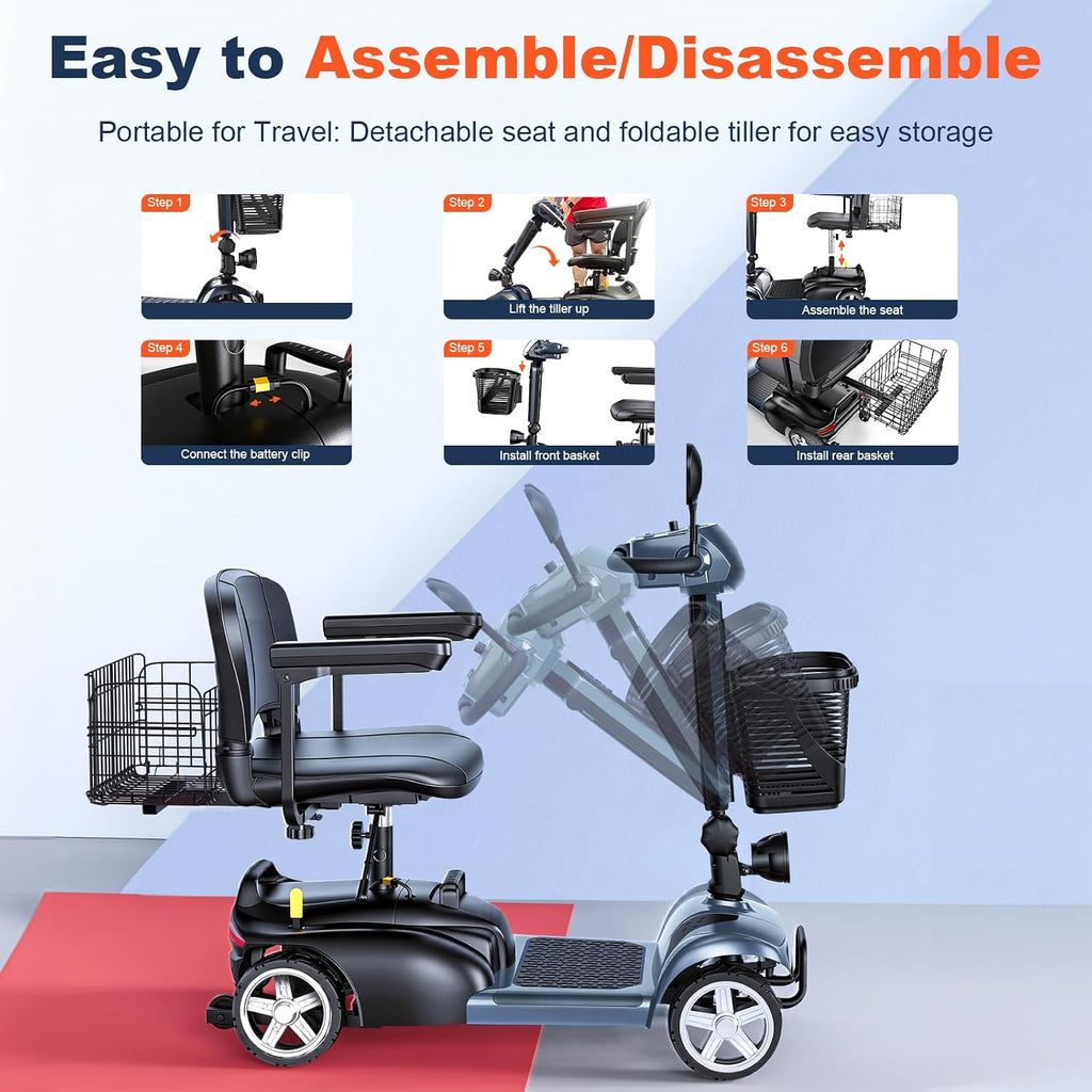 15/25/30/50Miles Eldryvon 4 Wheels Electric Mobility Scooter for Seniors, Dual Basket, 350W Powered Wheelchair with